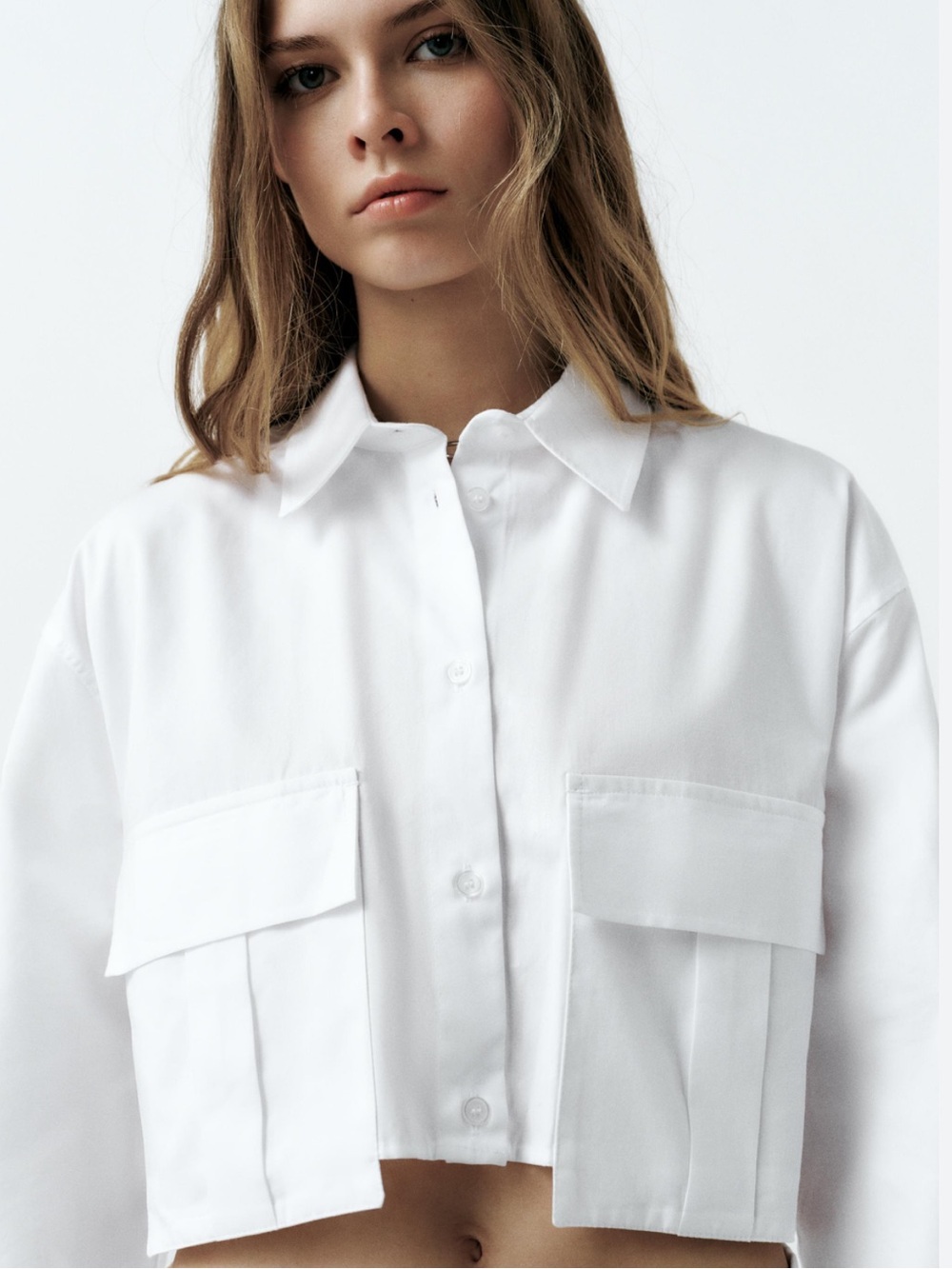 Zara White Button-Down Crop Shirt